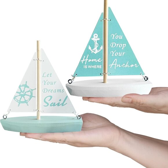 Wooden Nautical Decoration-Beach Decor - Handcrafted Sailing Boat Ornaments Cute - Picture 1 of 5